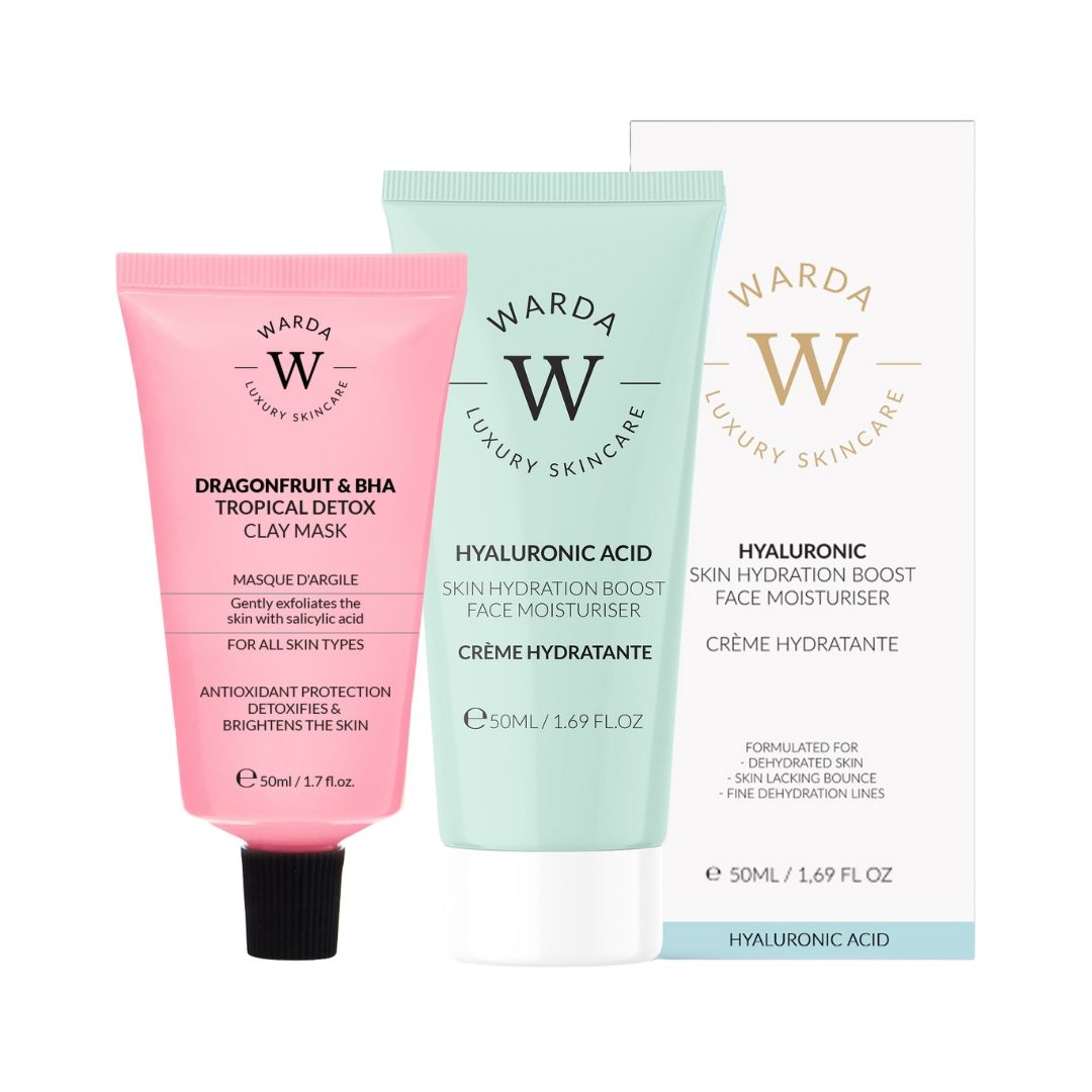 Roze tube met zwarte dop, groene tube, witte doos. Opschrift: Warda Luxury Skincare, Hyaluronzuur, Moisturizer.