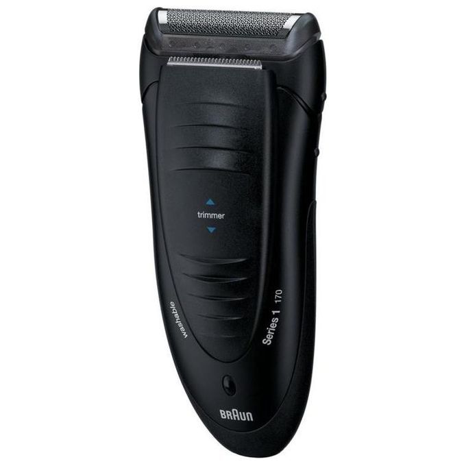 Rasoir électrique Braun Series 1 170s noir avec tondeuse et inscription "Washable".
