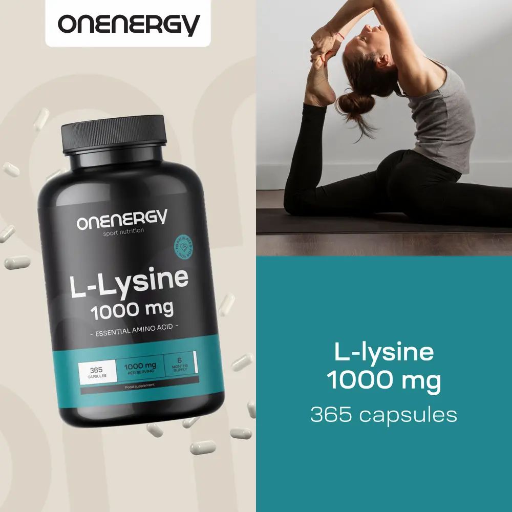 Een vrouw in een yoga-houding. Meerdere potten L-Lysine 1000 mg staan links in beeld.