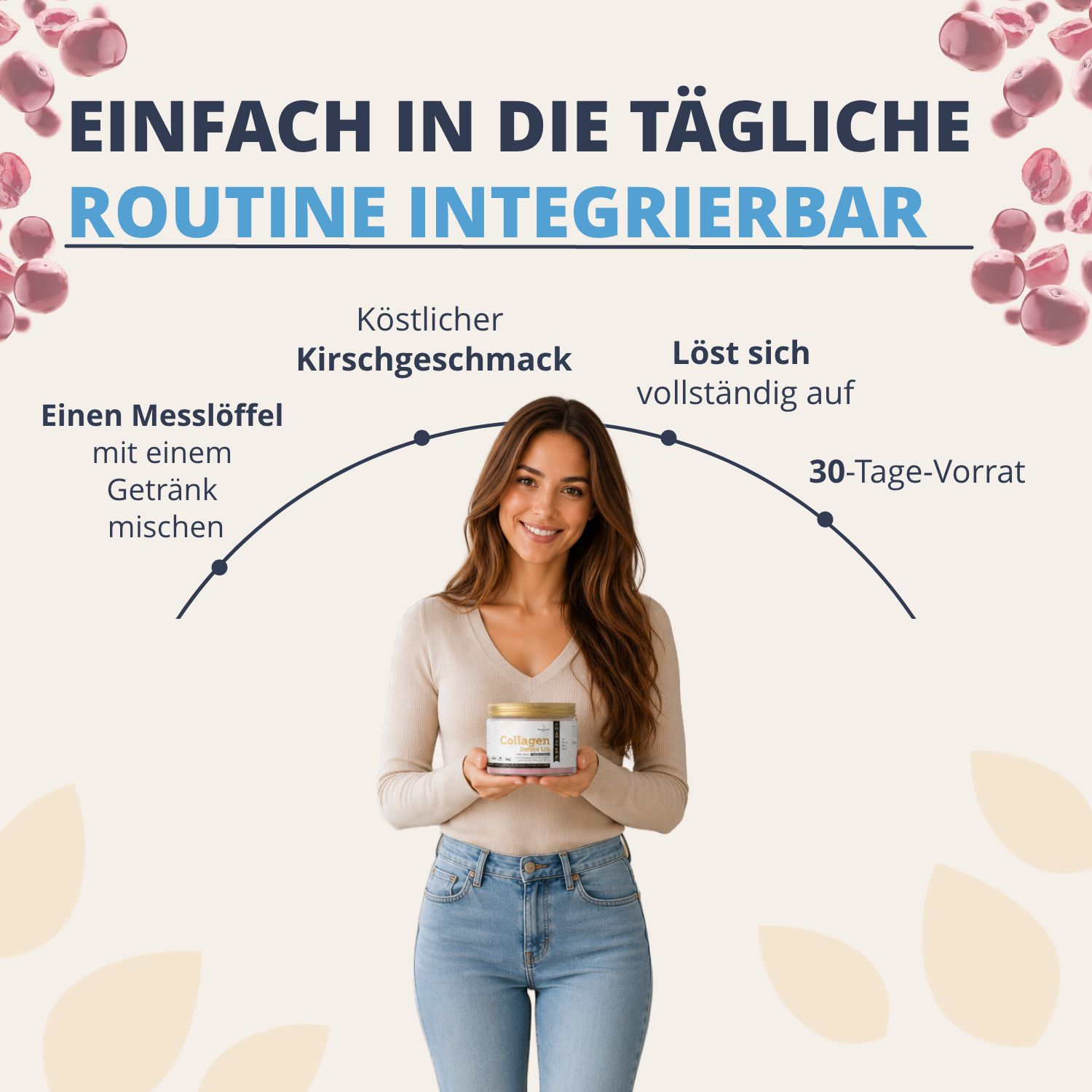 Femme tenant Golden Tree Collagen Derma Lift. Facile à intégrer dans la routine quotidienne.