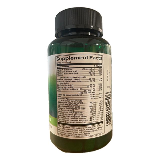 Flacon vert avec bouchon noir. Inscription: SWANSON Just One Multi with Iron. Contient vitamines et minéraux. 130 comprimés.