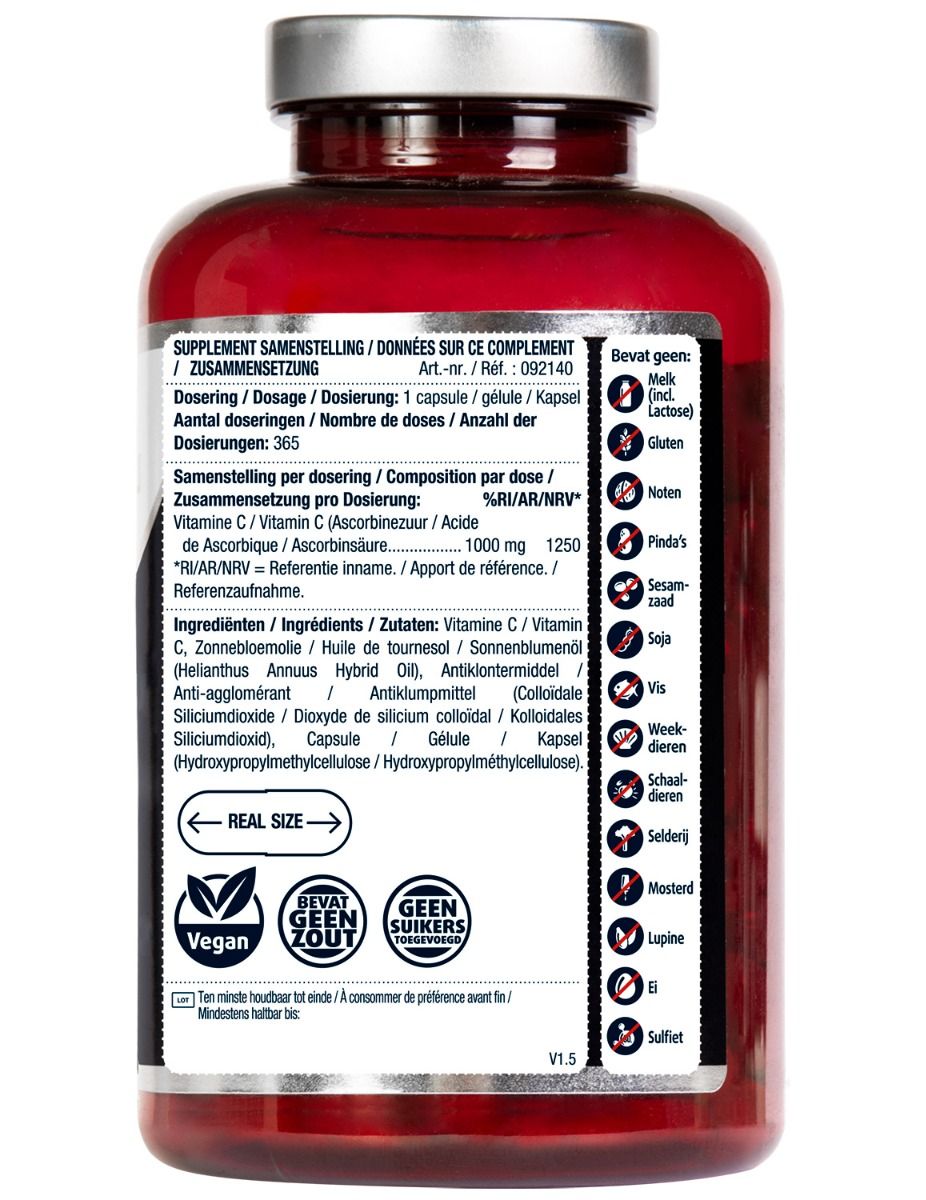 Achterkant fles. Ingrediënten, dosering, voedingswaarde. Vegan en suikervrij keurmerk. Bevat geen allergenen.