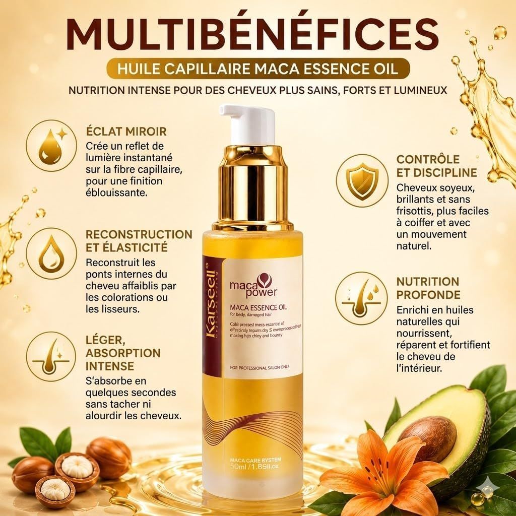 Flacon d'huile capillaire Karseell Maca Essence, doré et transparent, avec distributeur.