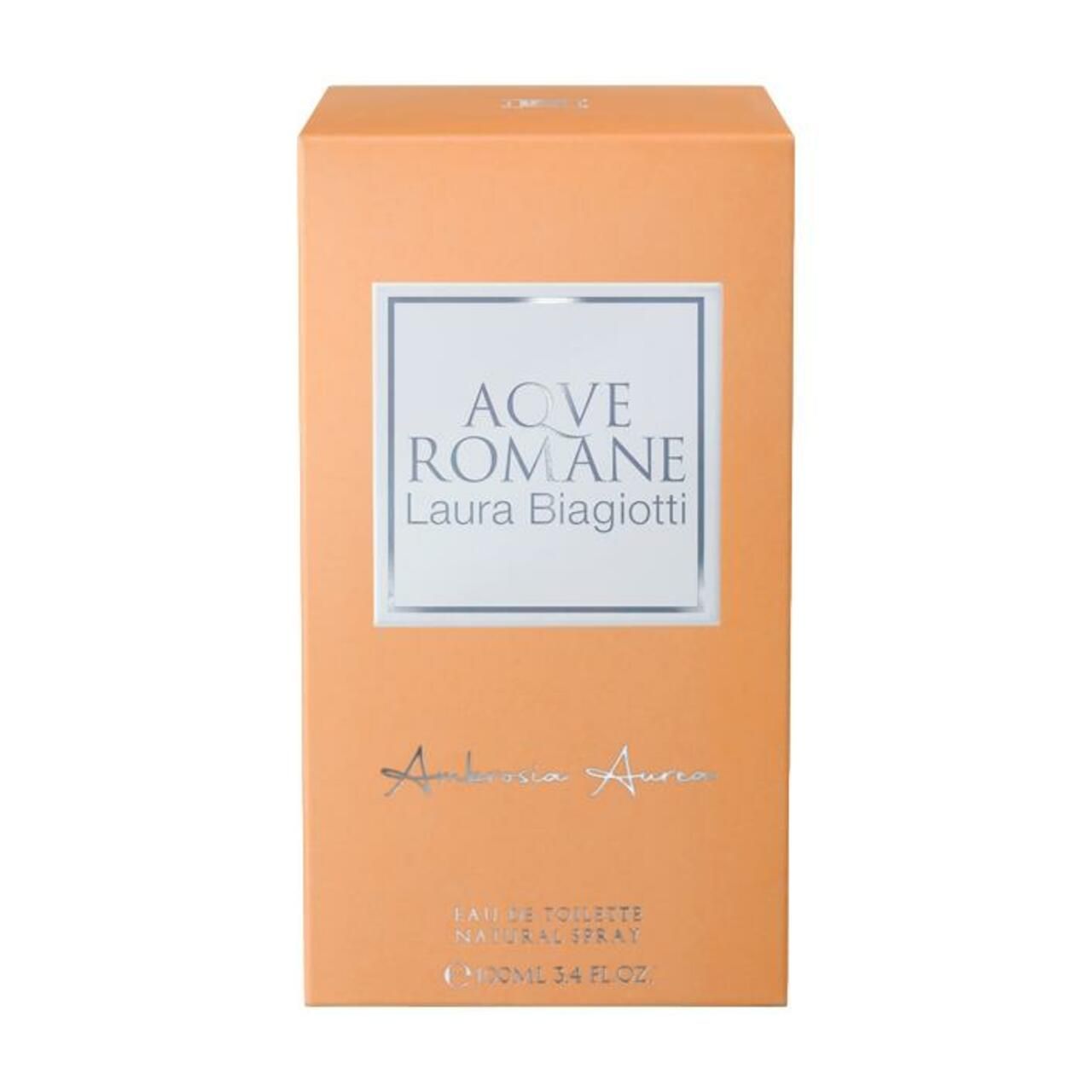 Emballage orange avec inscription Aqve Romane Laura Biagiotti. Inscription Ambrosia Aurea. Eau de Toilette Natural Spray.