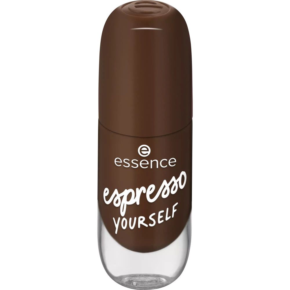 Flacon de vernis à ongles marron. Inscription : essence espresso yourself.