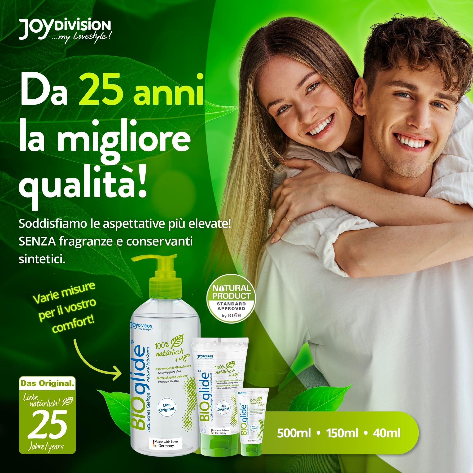 Lachend stel, BIOglide fles en kleinere tubes. "Da 25 anni la migliore qualità!" in het Italiaans.