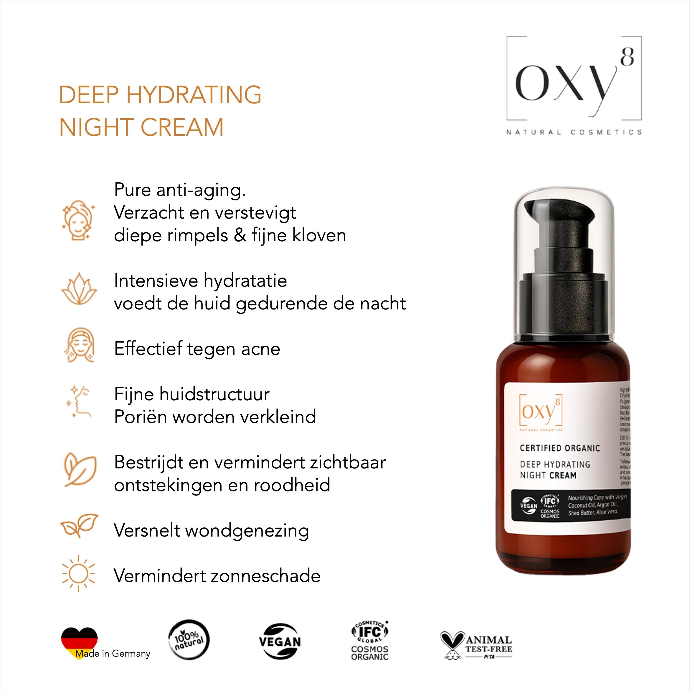 Productfles met tekst en iconen. OXY8 Deep Hydrating Night Cream. Anti-aging, intensieve hydratatie, tegen acne.