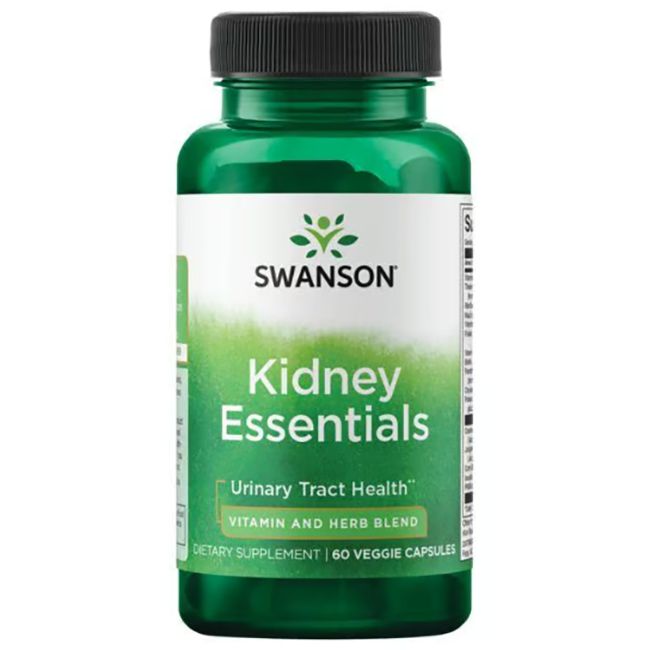 Groene fles met zwarte dop. Label met "SWANSON", "Kidney Essentials" en "Vitamin and Herb Blend". 60 capsules.