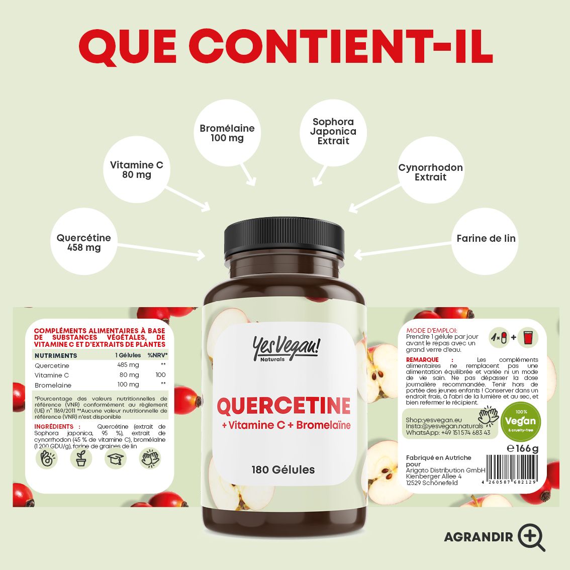 Flacon de 180 gélules Quercétine + Vitamine C + Bromélaïne, avec aperçu des ingrédients.