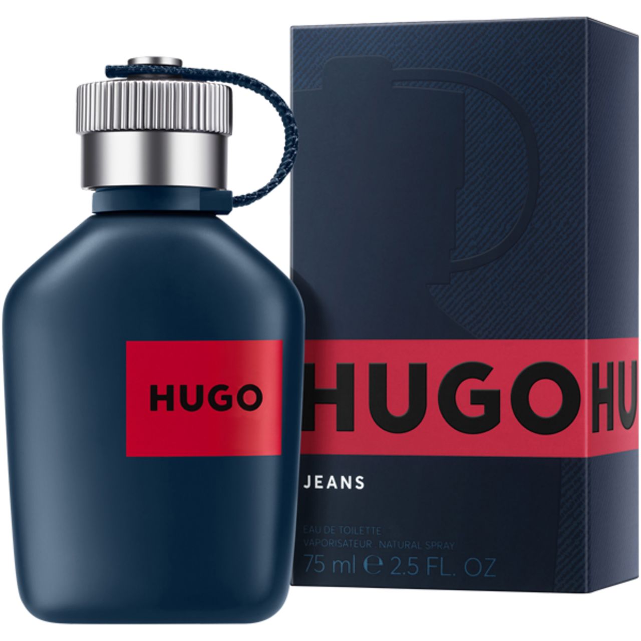 Flacon bleu avec bouchon argenté et étiquette rouge HUGO. Boîte bleue avec inscription HUGO.