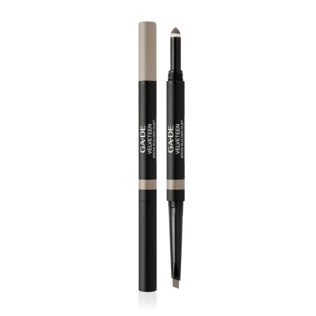 Dubbele pen. Zwart, met lichtbruine uiteinden. Opschrift: GA-DE VELVETEEN BROW BUILDER DUET.