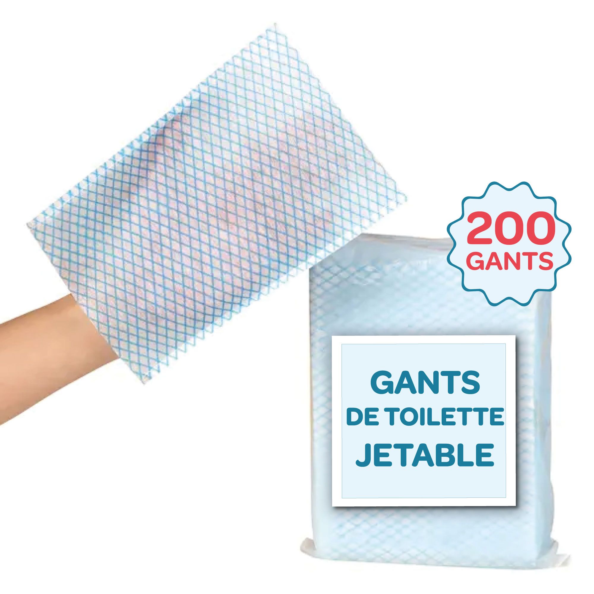 Gant de toilette, motif quadrillé bleu, tenu en main. Emballage avec 200 pièces, texte: GANTS DE TOILETTE JETABLE.