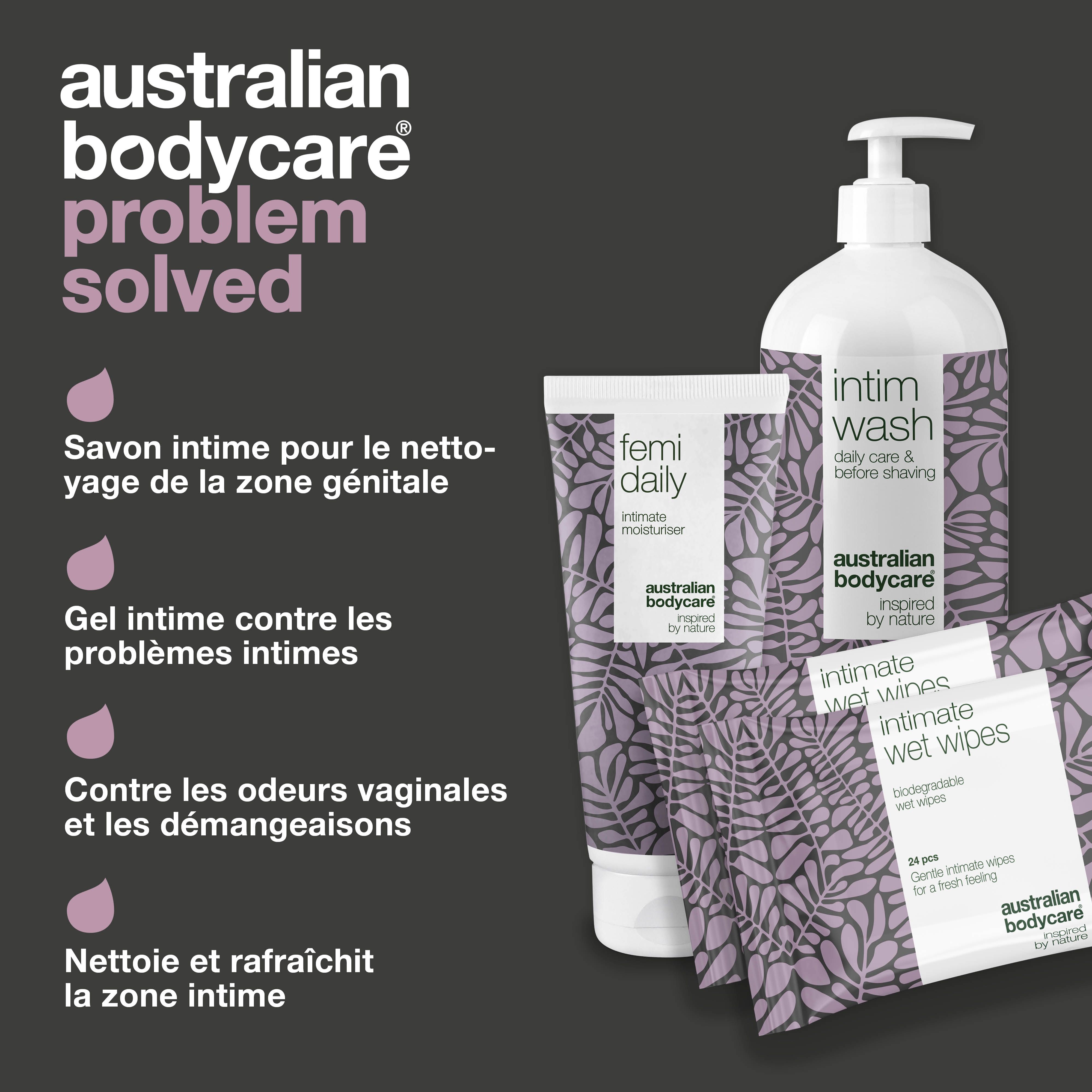 Graphique : Australian Bodycare, problème résolu. Produits de soins intimes. Texte et gouttes roses.