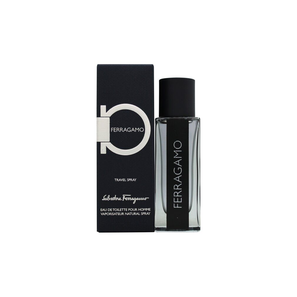 Eau de toilette met verpakking. Zwarte fles met zwarte dop. Opschrift: FERRAGAMO. Zwarte verpakking met logo en tekst.