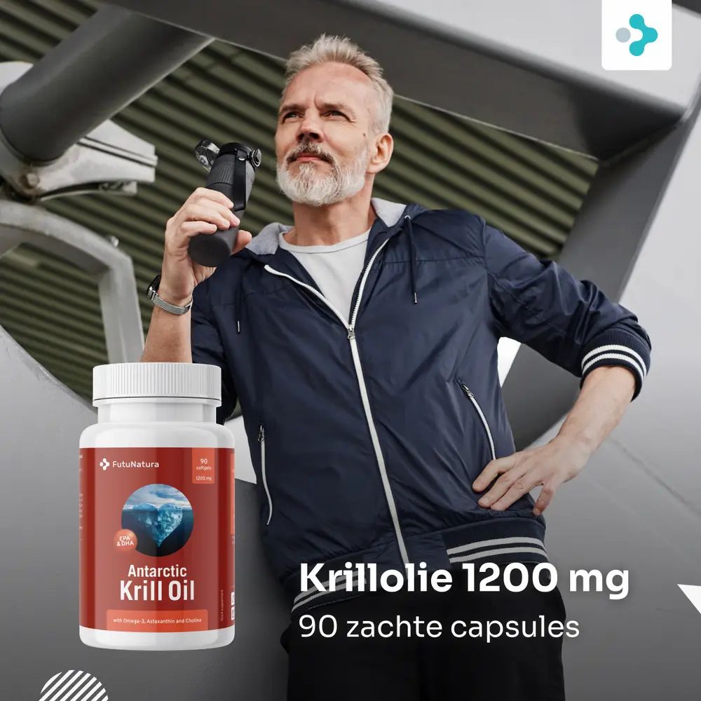 Man met fles en verpakking krillolie. Opschrift: Krillolie 1200 mg, 90 zachte capsules.