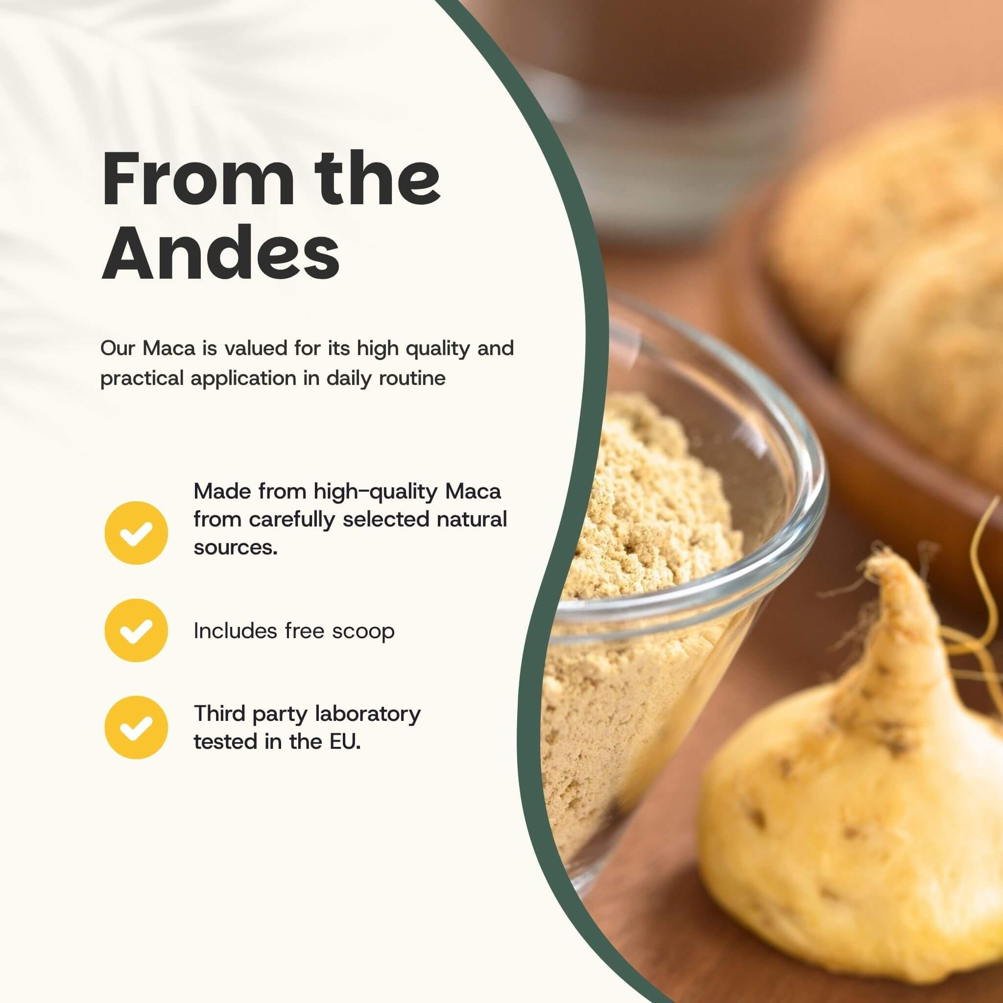 Poudre de Maca dans un bol en verre. Texte: From the Andes. Avec cuillère doseuse. Testé en labo.