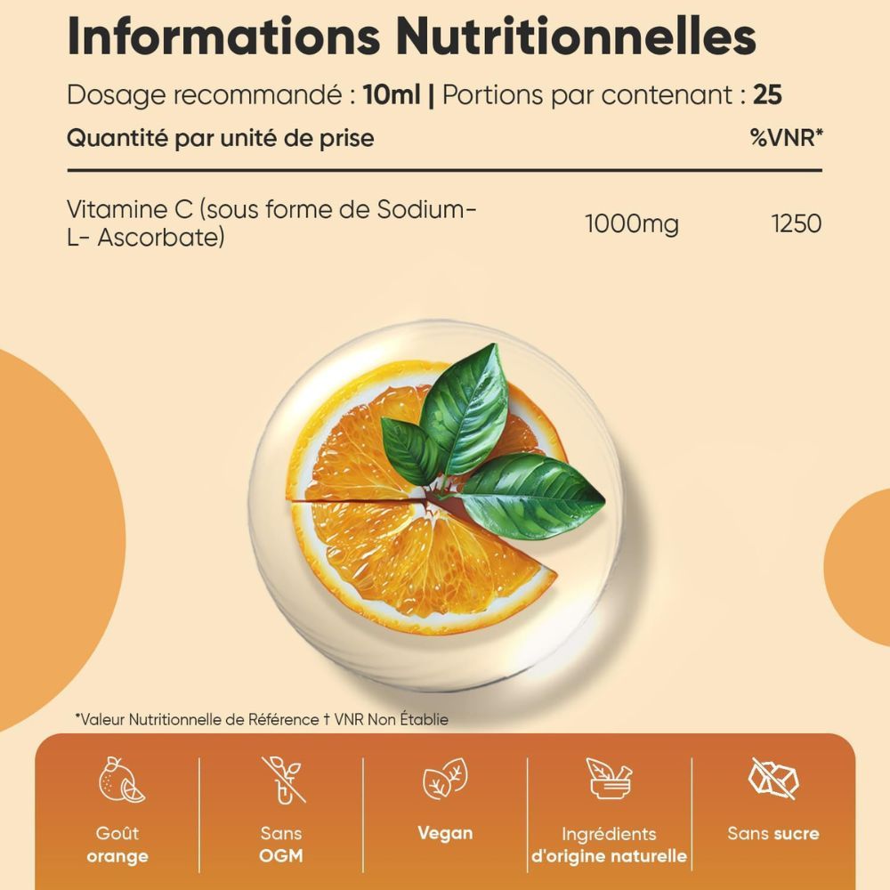 Informations nutritionnelles. Vitamine C (sous forme d'ascorbate de sodium). 1000 mg par portion. 25 portions par contenant. 10 ml par jour.