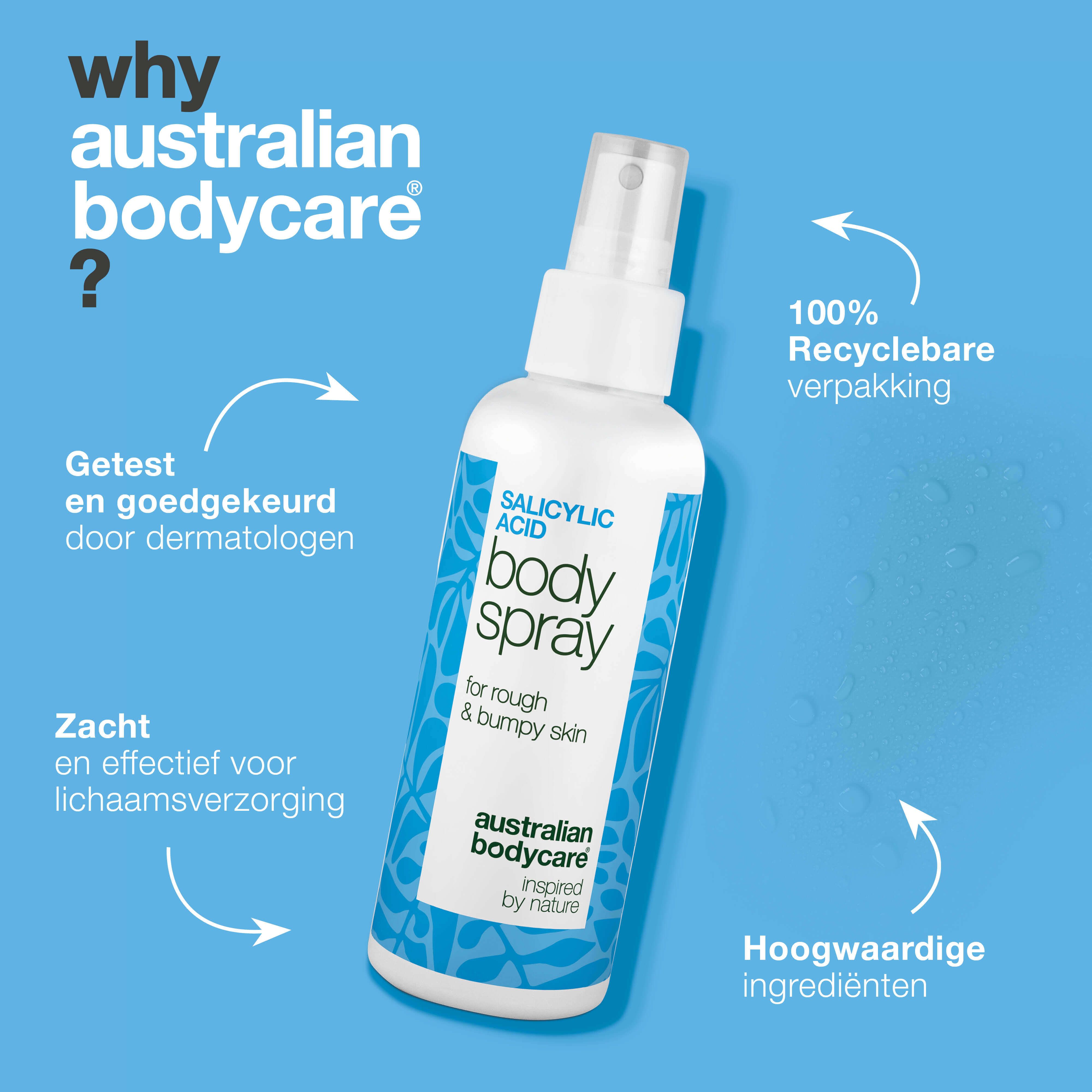 Sprayfles met tekst: Salicylic Acid Body Spray. Tekst: Getest door dermatologen, 100% recyclebare verpakking. Merk: Australian Bodycare.
