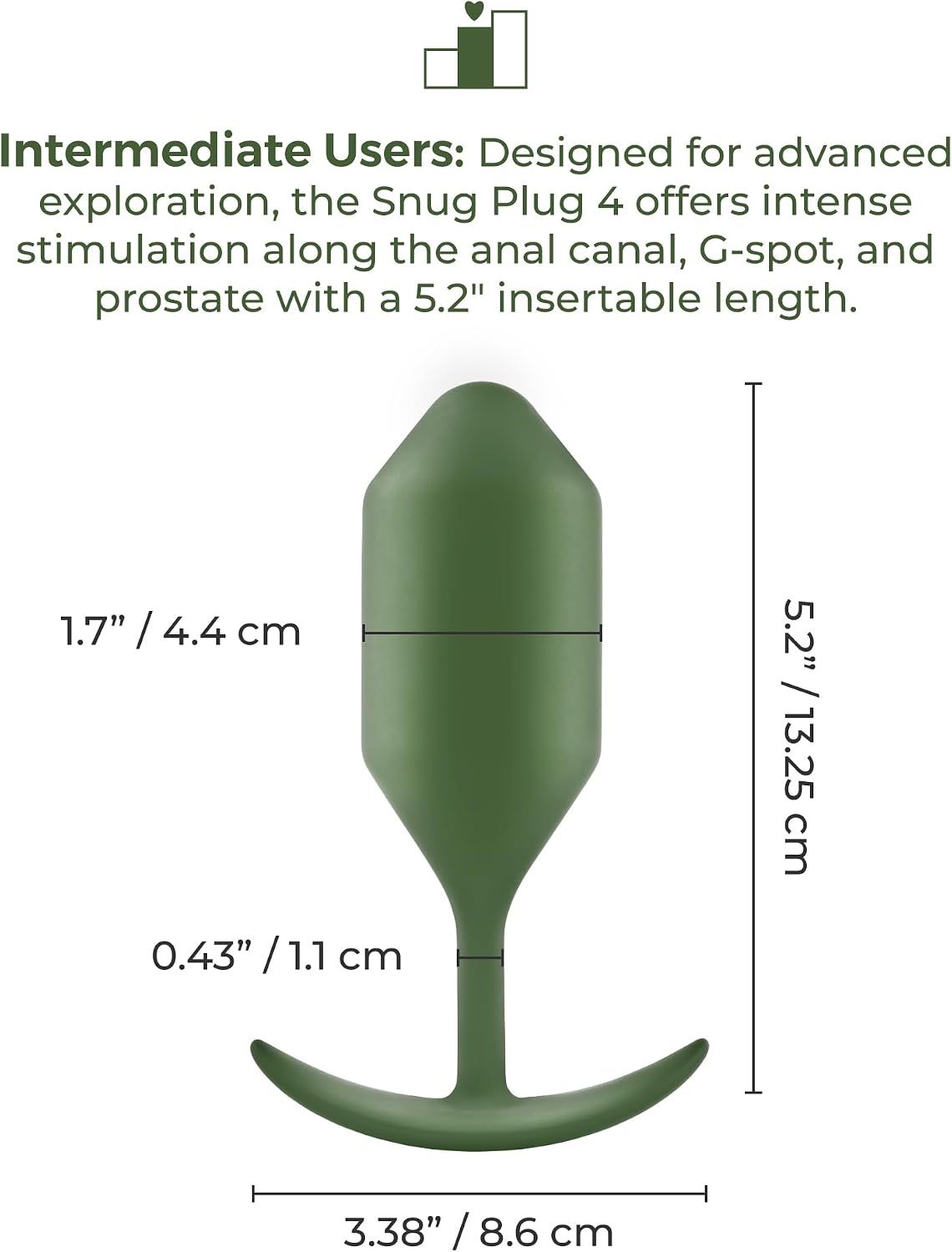 Plug anal vert avec 13,25 cm de longueur totale, 4,4 cm de diamètre maximal et 1,1 cm de diamètre de tige.