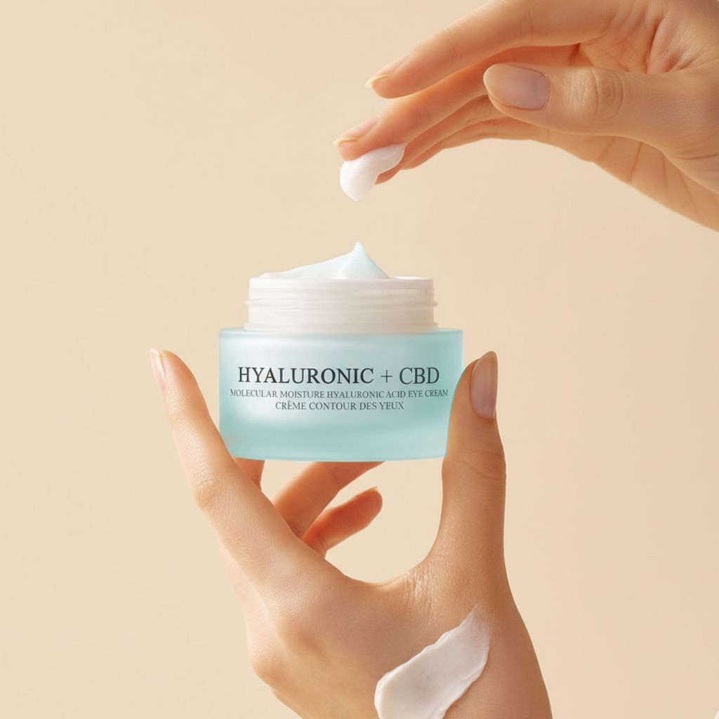 Mains tenant un pot de crème ouvert. Un doigt prélève de la crème. Inscription : HYALURONIC + CBD, Molecular Moisture Hyaluronic Acid Eye Cream.