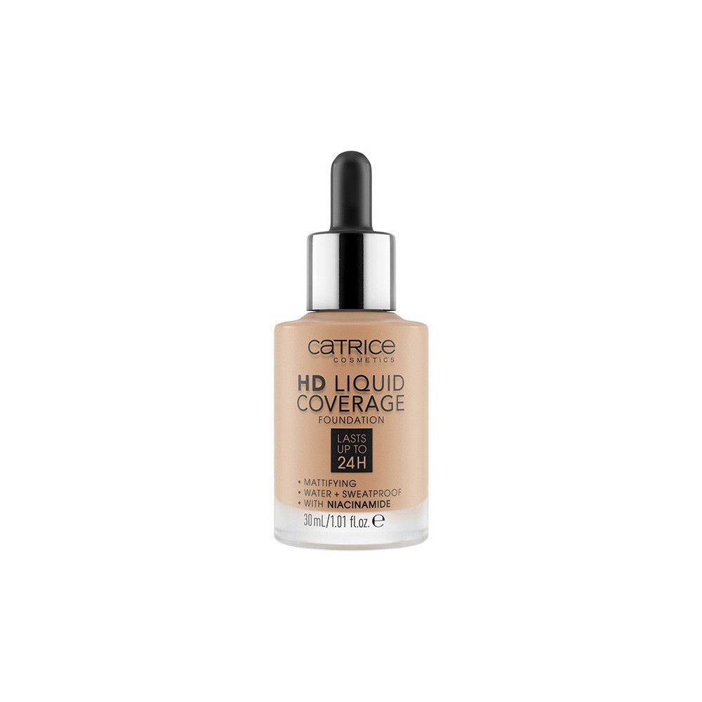 Fond de teint liquide HD. Flacon en verre avec pipette. Nom du produit et caractéristiques sur l'étiquette.