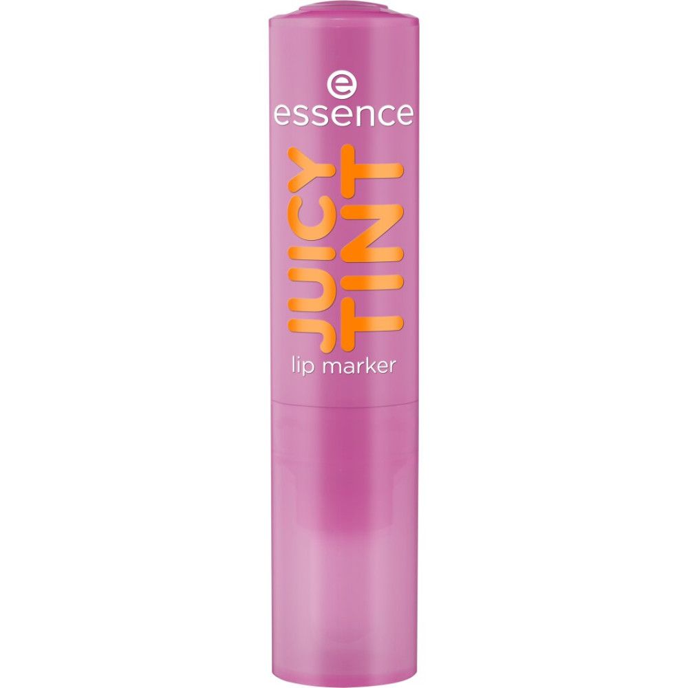 Marqueur à lèvres violet avec inscription "essence JUICY TINT lip marker".