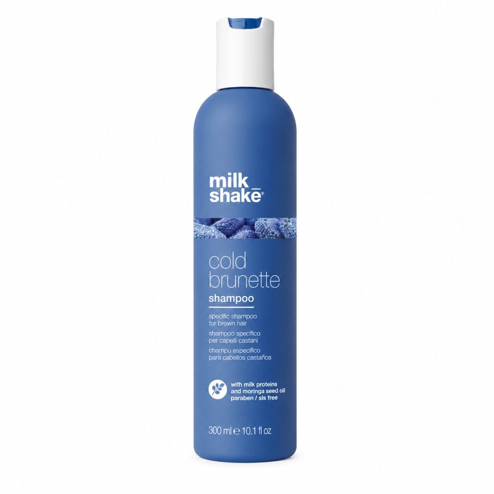 Milk Shake Cold Brunette Shampoo, 300ml. Flacon bleu foncé avec bouchon blanc à rabat, texte en français.