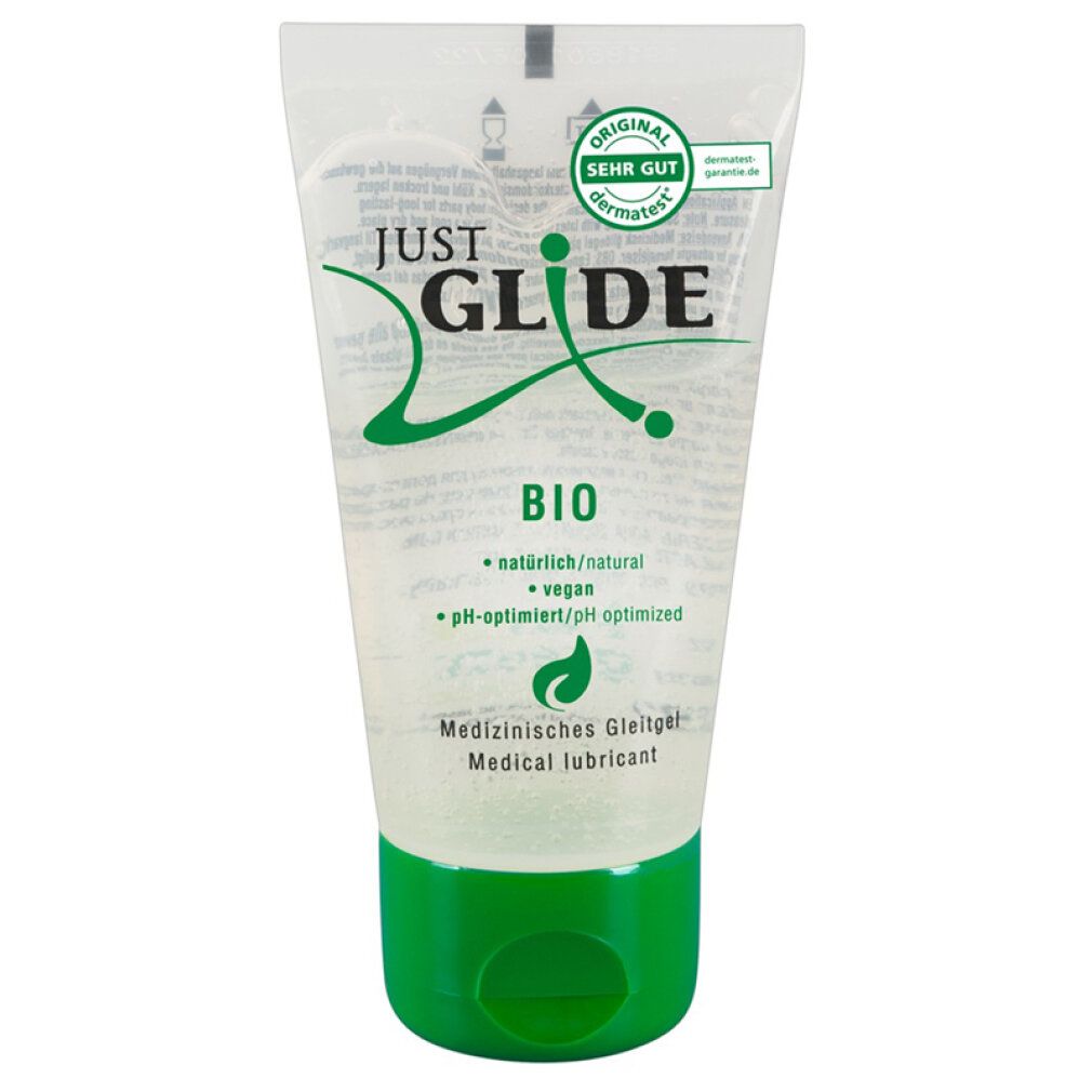 Transparante tube met groene dop. Opschrift: Just Glide Bio, pH-geoptimaliseerd, vegan. Medische glijmiddel.