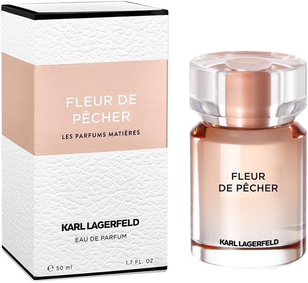 Fles en verpakking Fleur de Pêcher Eau de Parfum. Wit-roze design met tekst. Karl Lagerfeld logo.