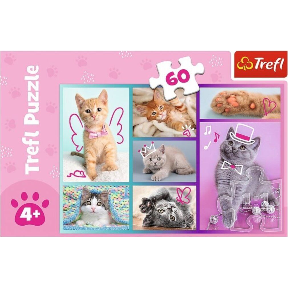 Trefl Puzzle de petits chats mignons, 60 pièces. Emballage rose avec des chats. Recommandé pour les 4 ans et plus. Pièce de puzzle en haut.