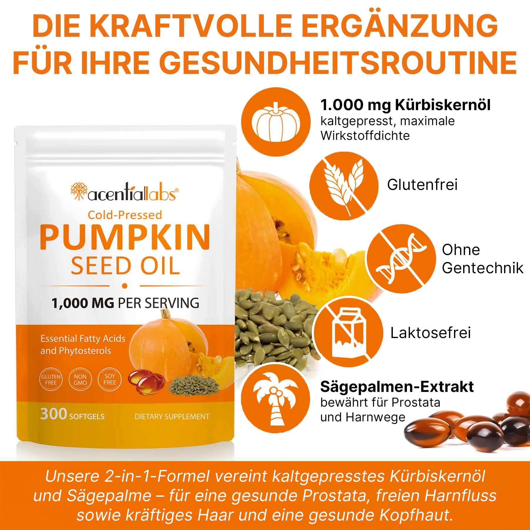 Acentiallabs Softgelcapsules met pompoenpitolie en zaagpalm