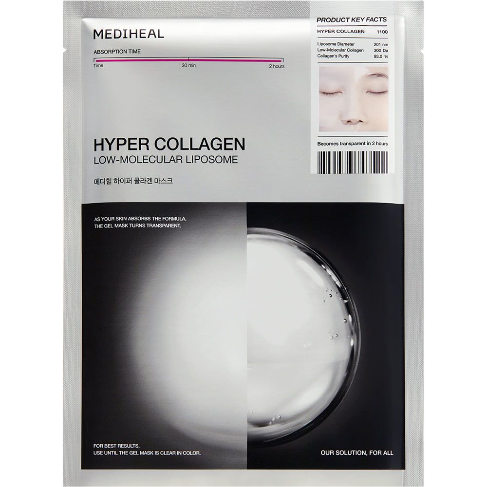Verpakking van MEDIHEAL Hyper Collagen Mask. Tekst: Low-Molecular Liposome. Tijd: 30 min - 2 uur. Barcode. Gel wordt transparant.