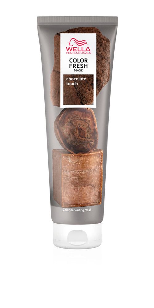 Tube de Wella Color Fresh Mask Chocolate Touch. Tube gris avec bouchon blanc. Nom du produit et logo visibles.