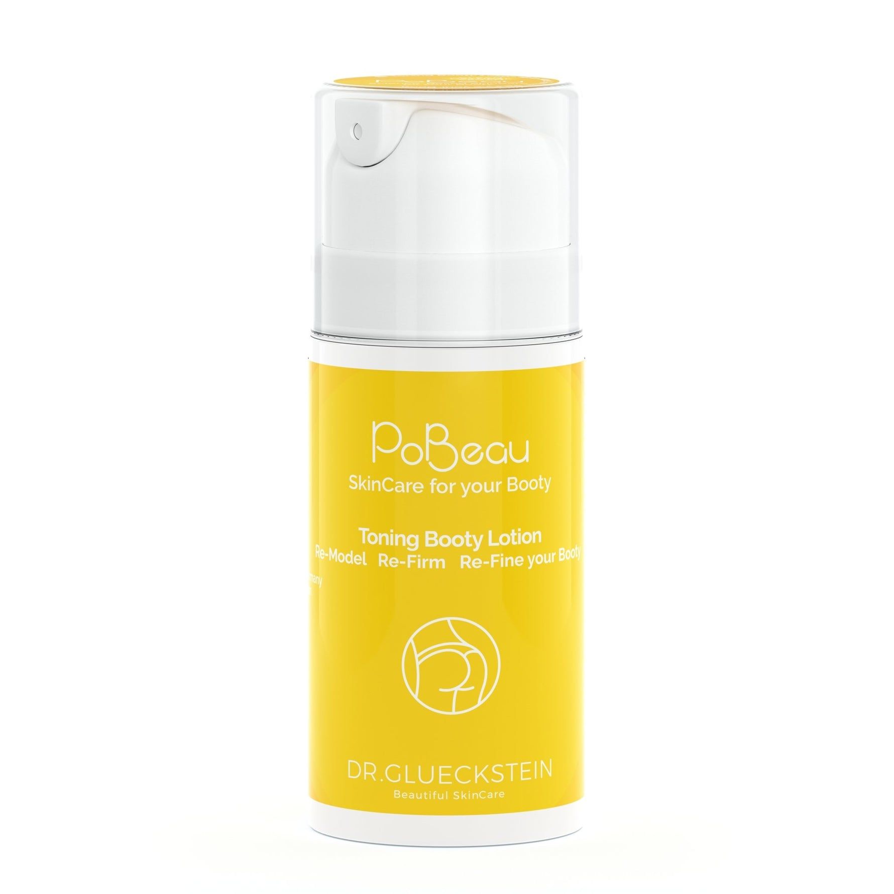 Gele fles met witte dop. Opschrift: Pobeau SkinCare for your Booty, Toning Booty Lotion. Logo: omtrek van billen.