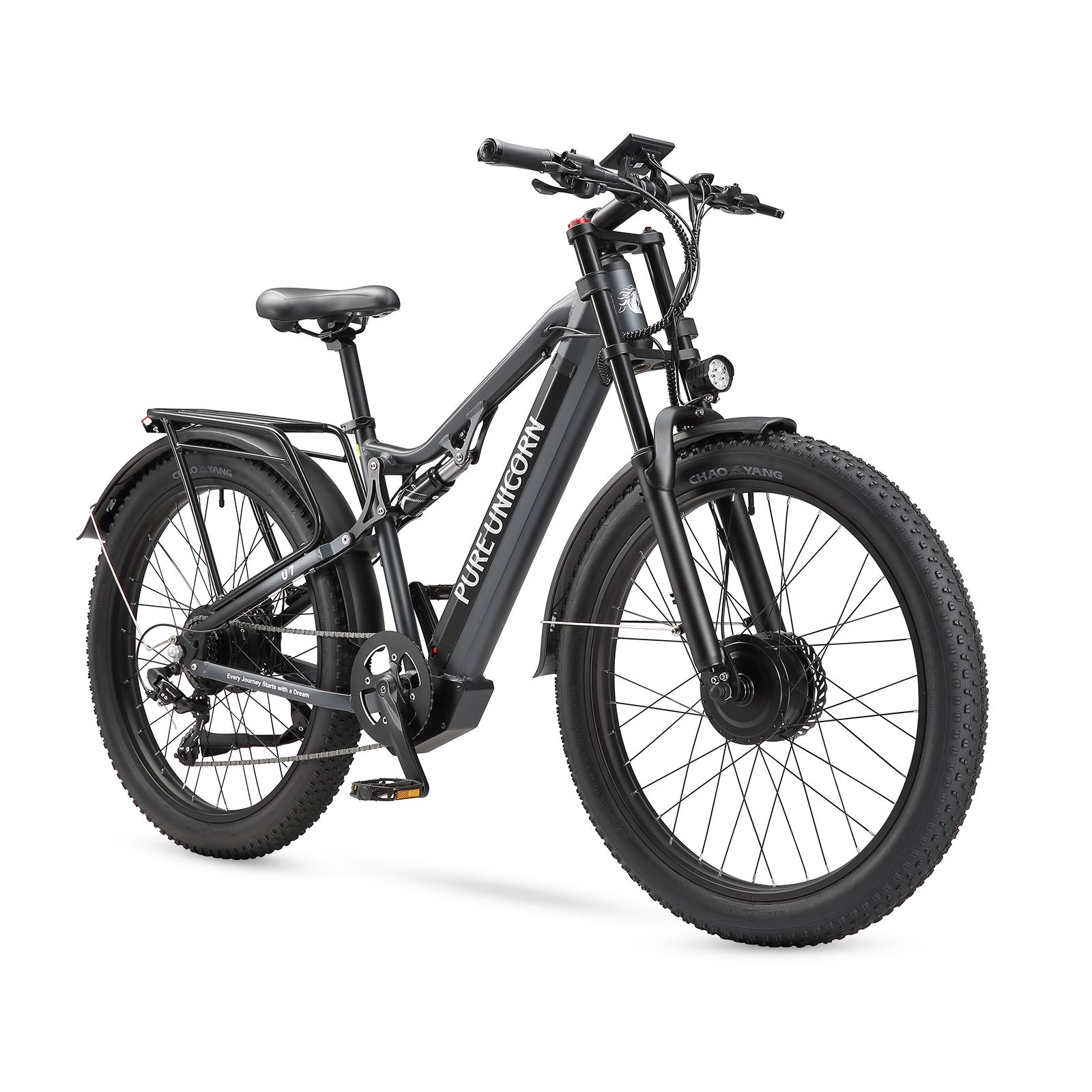 VTT électrique noir Pure Unicorn U7. Gros pneus, porte-bagages, phare et inscription Pure Unicorn.