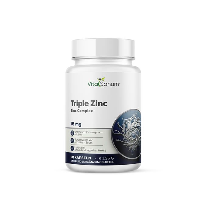 Witte fles VitaSanum Triple Zink. Opschrift: 15 mg, 90 capsules. Etiket met logo en productinformatie.