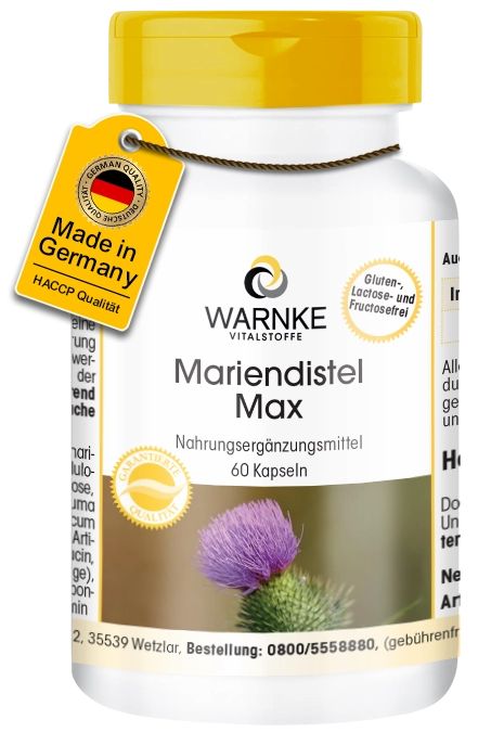 Flacon de pilules blanc avec bouchon jaune et étiquette. Inscription: Mariendistel Max, 60 gélules. Label: Made in Germany.
