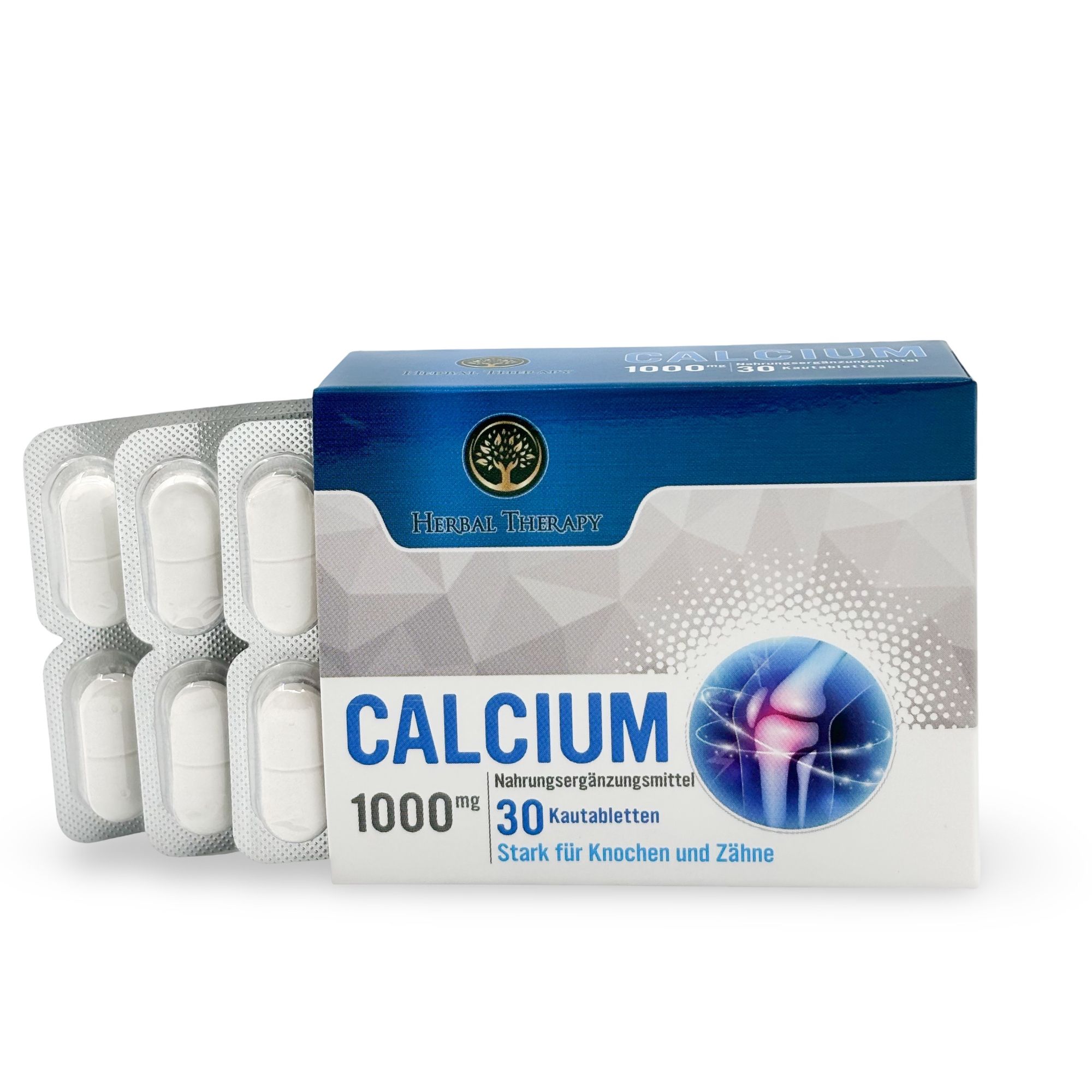 Boîte Herbal Therapy KALZIUM 1000 mg avec blisters de comprimés. Emballage bleu et blanc avec nom et illustration.