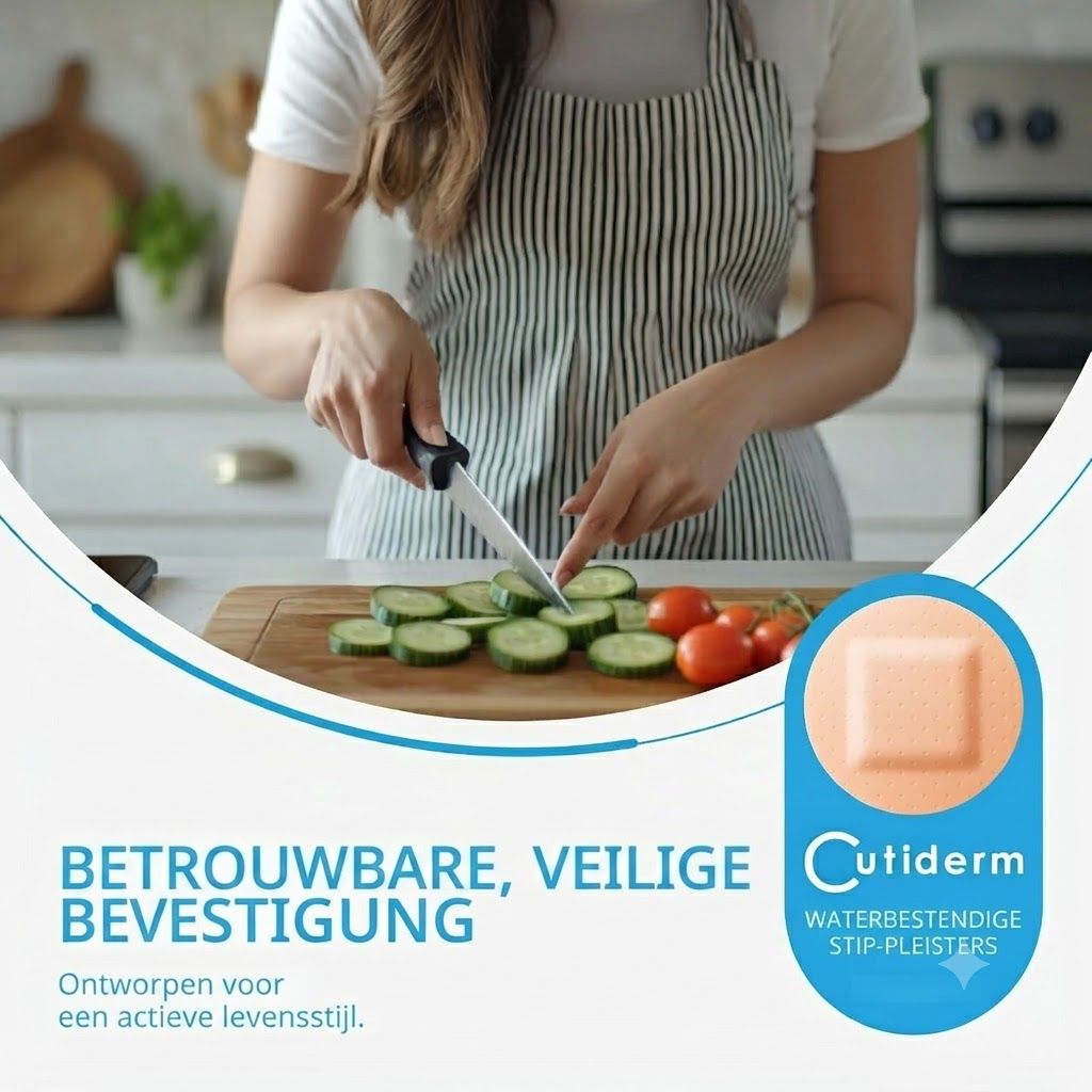 Een waterbestendig, beige pleister met de merknaam Cutiderm.
