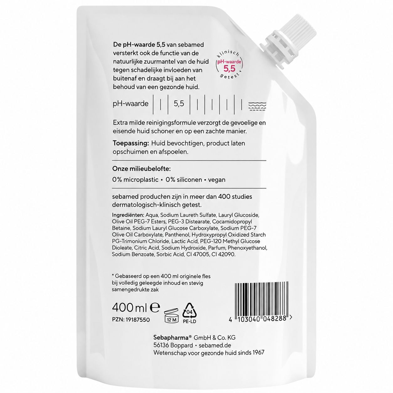 Navulzak voor zeepvrije was-emulsie, 400ml, met Pentavitin en Panthenol.