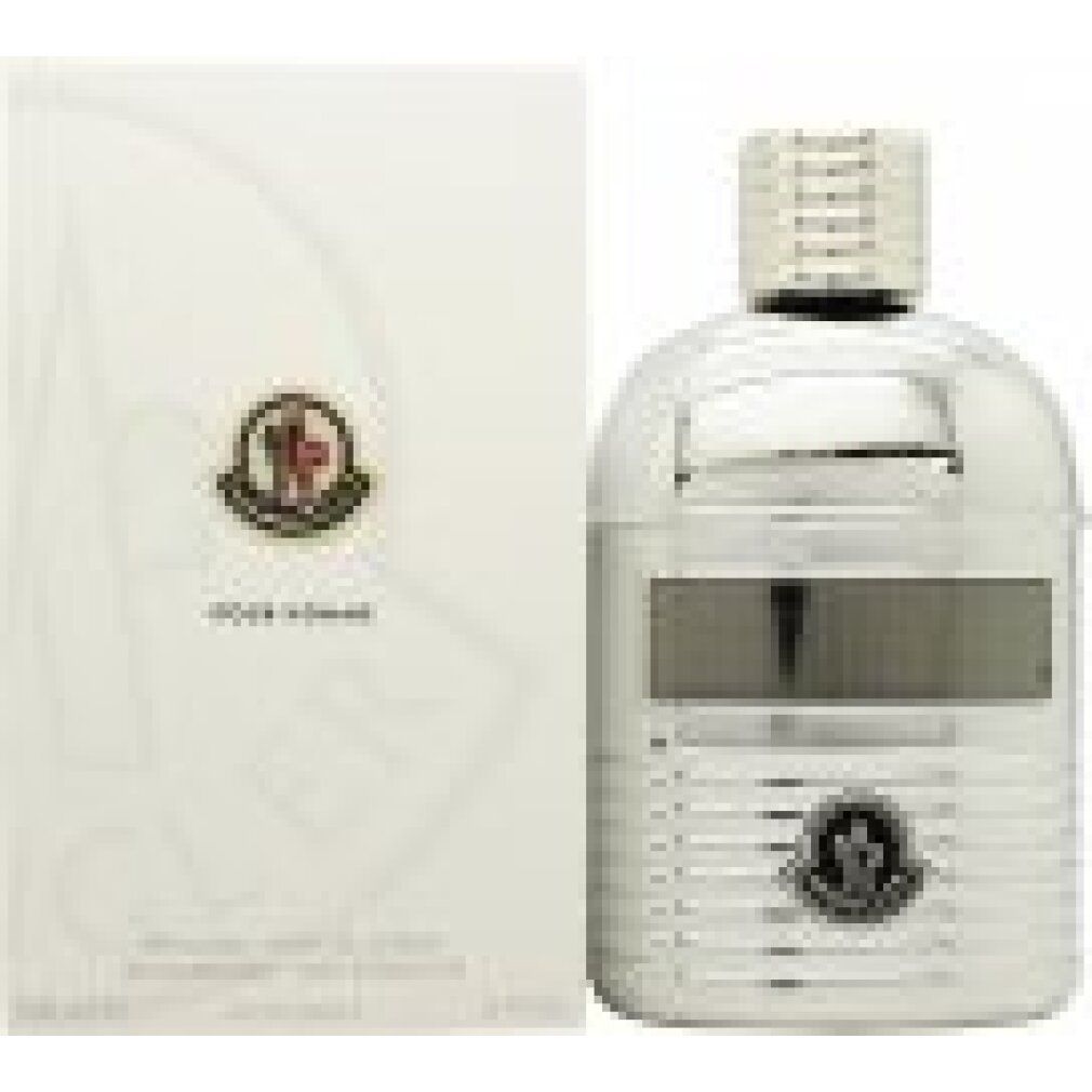 Flacon argenté avec logo Moncler. Emballage blanc avec logo et texte. "Pour Homme" et "Eau de Parfum".