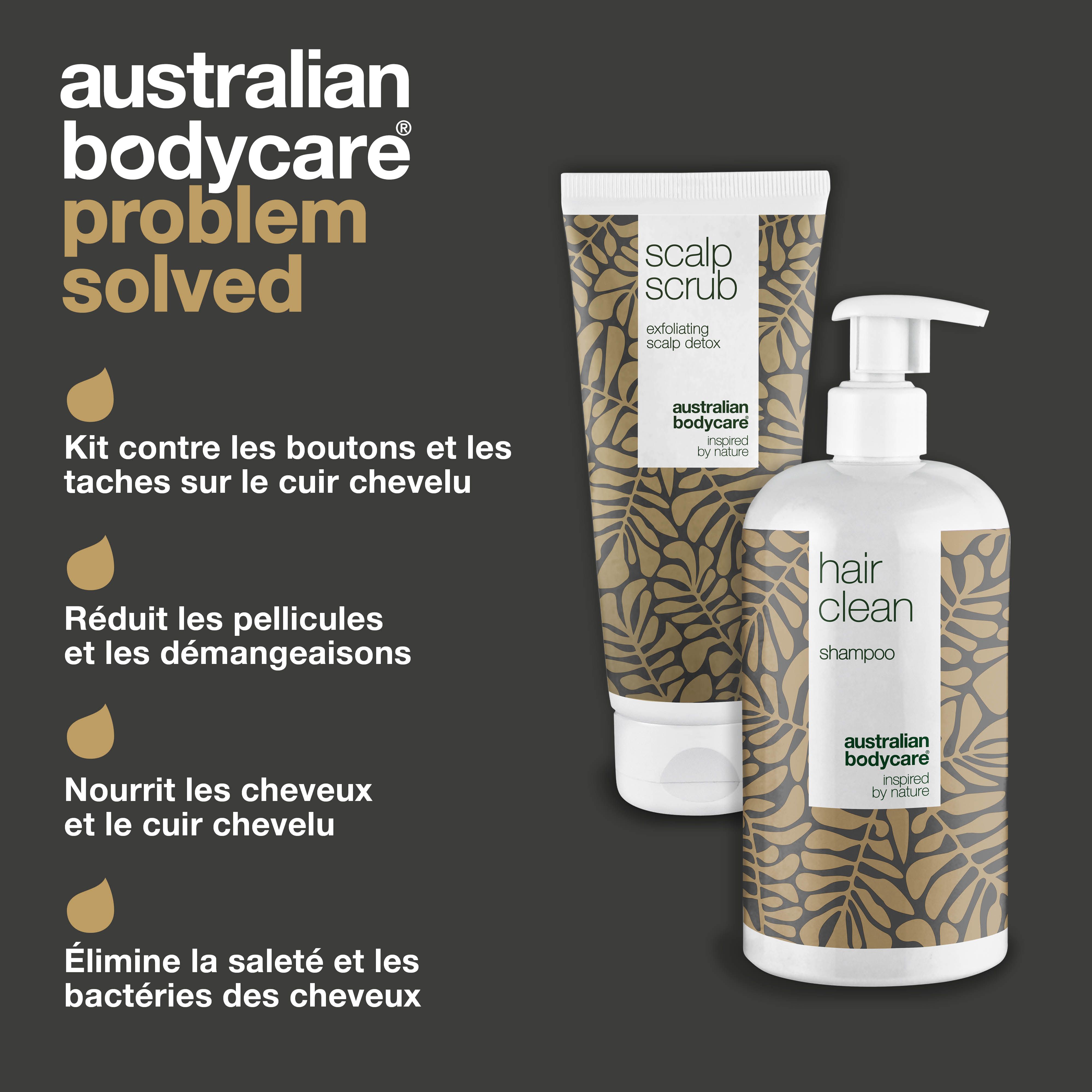 Ensemble shampoing et gommage. Contre les boutons, réduit les pellicules, nourrit les cheveux. Marque : Australian Bodycare.