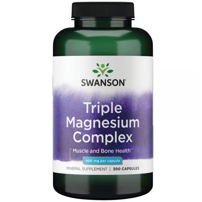 Flacon vert avec étiquette blanche. Inscription: SWANSON Triple Magnesium Complex, 400 mg par capsule. 300 capsules.