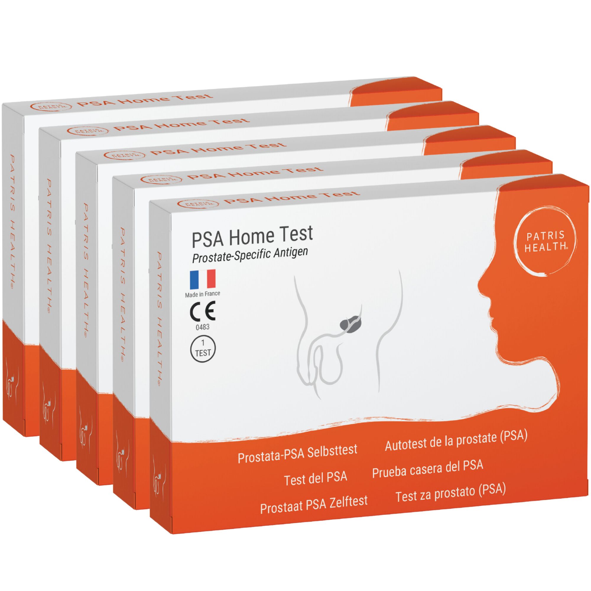 Plusieurs boîtes de test Patris Health® Prostata-PSA. Emballage avec nom du produit, logo et certifications.