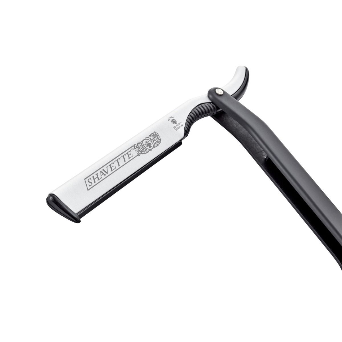 Scheermes, open. Zwart handvat, zilveren mes met opschrift SHAVETTE. Metaal.