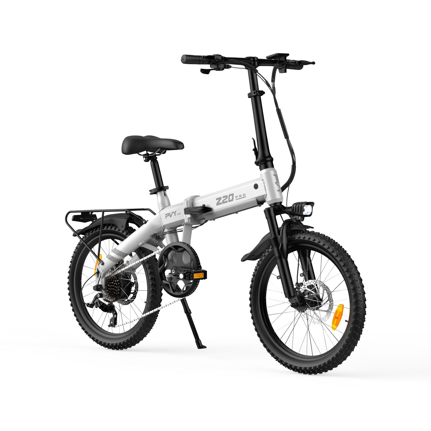 Vélo électrique pliable, blanc et noir. Logo Z20, logo PVY, porte-bagages, phare, garde-boue.