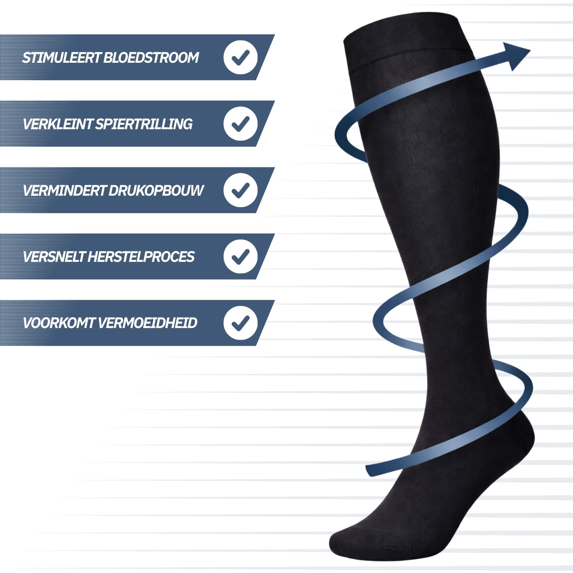 Gros plan sur des jambes en chaussettes de compression noires avec caractéristiques.