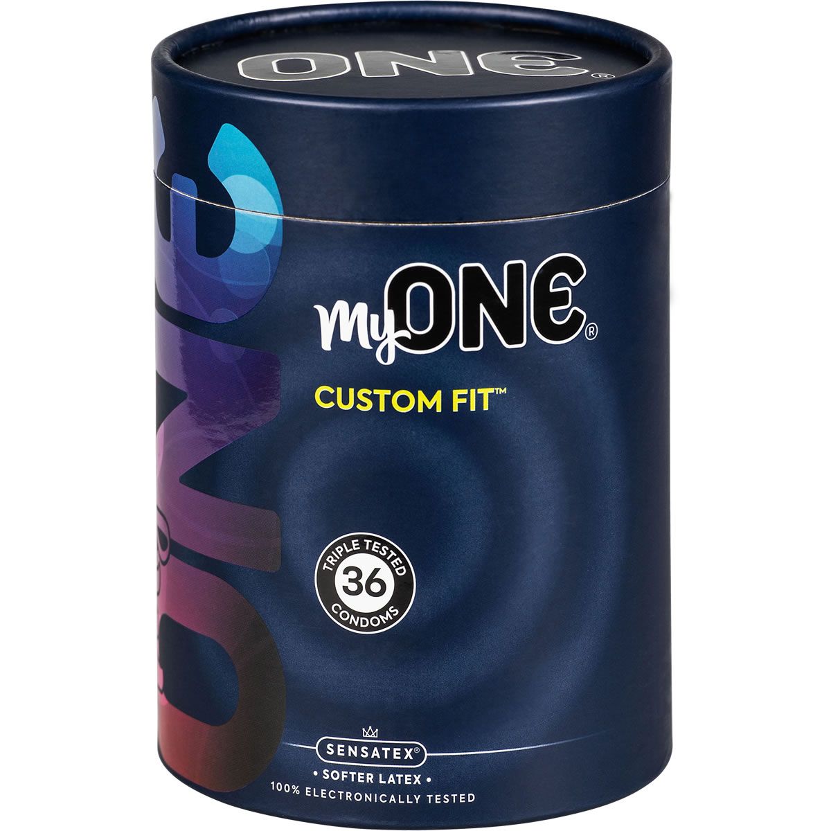 Emballage cylindrique de préservatifs. Inscription : myONE CUSTOM FIT, 36 préservatifs, SENSATEX, SOFTER LATEX, 100% testés électroniquement.
