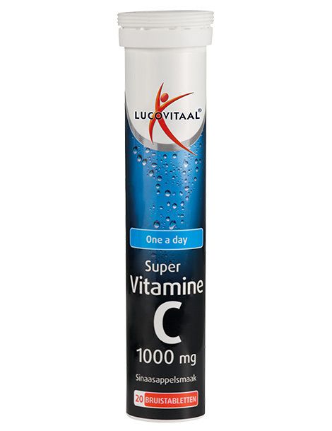 Cilindrische verpakking 'Lucovitaal Super Vitamine C'. Bevat 20 bruistabletten. Blauwe en witte kleurstelling.
