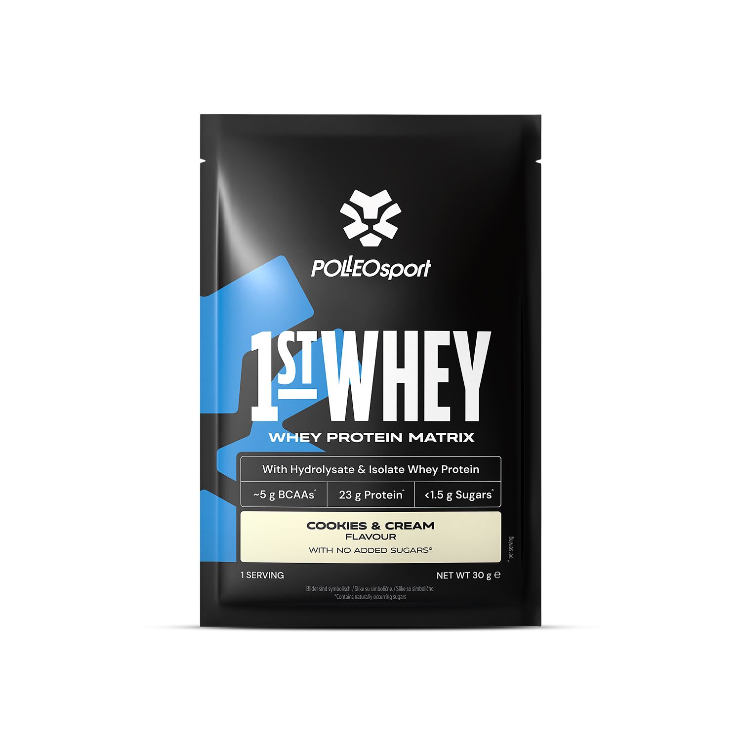Polleo 1st Whey Protein Matrix sachet, Cookies & Cream smaak, 30g.